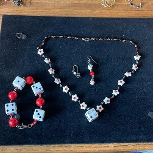 Rockabilly Vintage Rhinestone Dice Necklace. Bracelet, and Earrings Set.